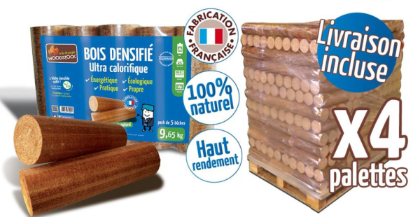 Bûches calorifiques WOODSTOCK 1 palette, 104 sacs de 5 bûches